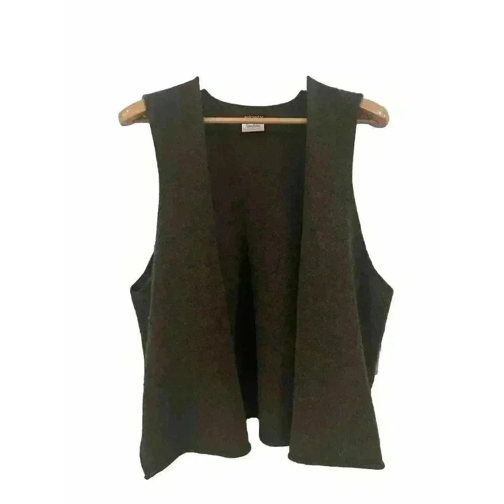 Eskandar Merino Wool Blend Open Front Cardigan Vest Sleeveless Brown Knit 1size